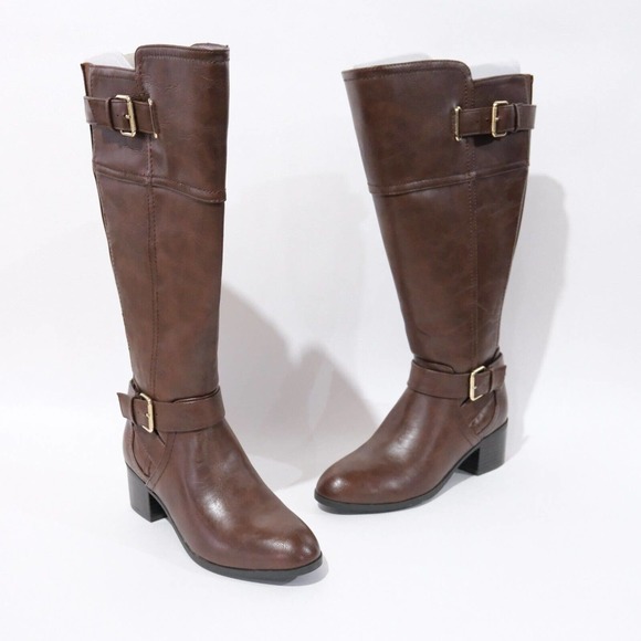 Unisa Boots Womens 7M WC Wide Calf Tall Riding Brown Faux Leather Side Zip - Picture 1 of 11